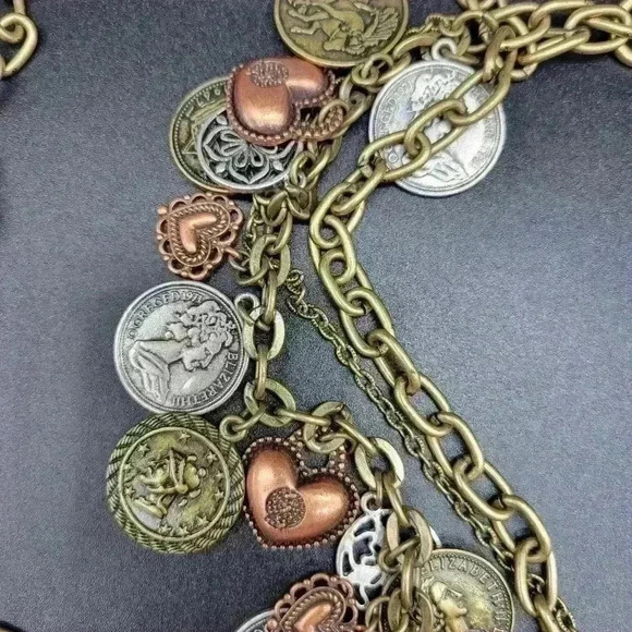 Rare Antique Gold,Silver Plated Coin Charm Multi Chain Necklace/Belt - Picture 6 of 11